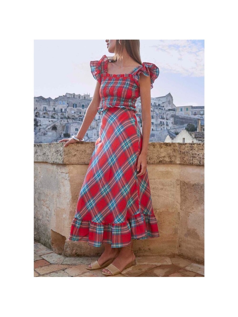 NWOT Hunter Bell Red Plaid Maxi Dress with Ruffle Sleeves - XS
